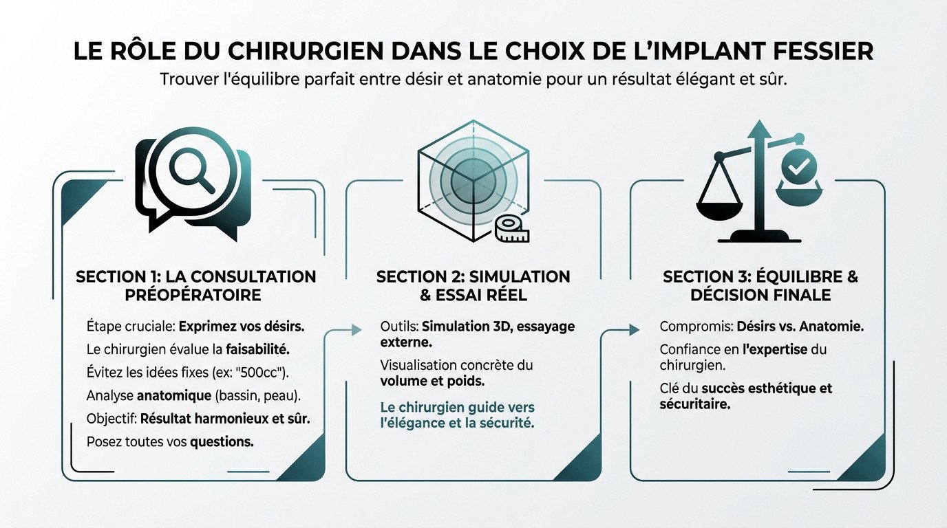 Chirurgien expliquant le choix de la taille d'implant fessier lors d'une consultation