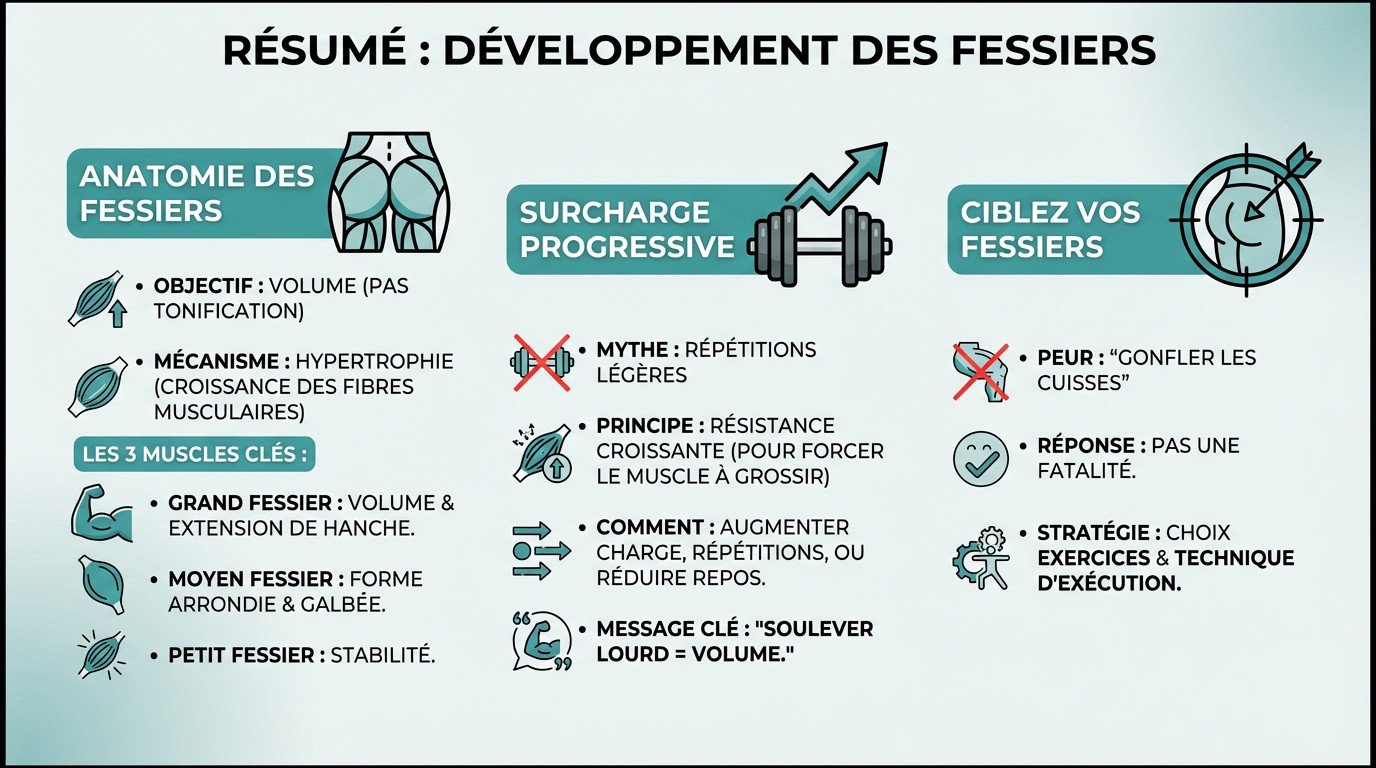 Résumé visuel des exercices clés et de l'anatomie pour le développement des fessiers
