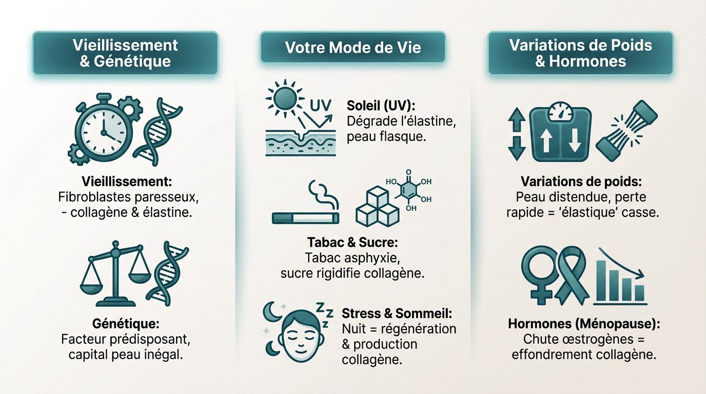 Schéma illustrant les facteurs biologiques et externes causant le relâchement de la peau