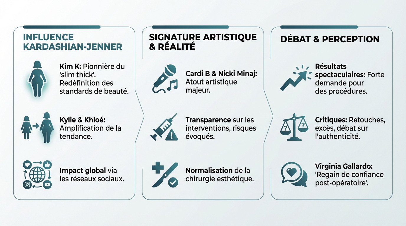 Influence des célébrités comme Kim Kardashian et Cardi B sur la tendance des implants fessiers et la silhouette slim thick