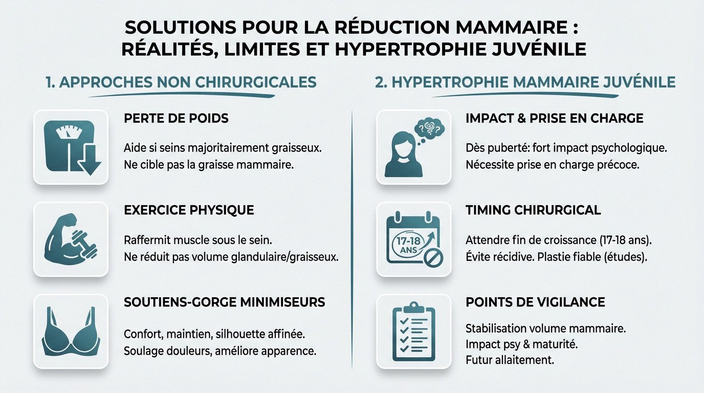 Comparaison des approches pour réduire l'hypertrophie mammaire : sport, perte de poids et chirurgie