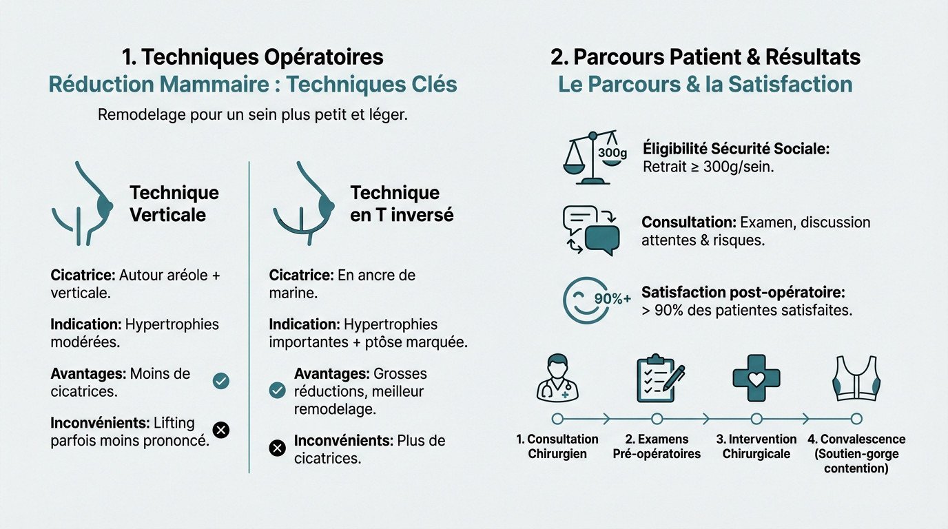 Schéma explicatif des techniques de réduction mammaire et du parcours patient