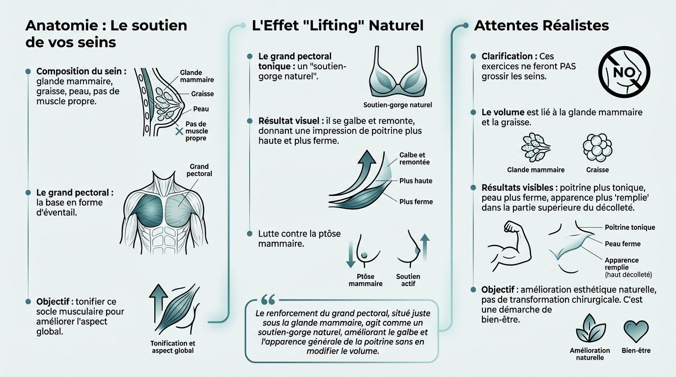 Schéma anatomique montrant le musc le grand pectoral soutenant la glande mammaire