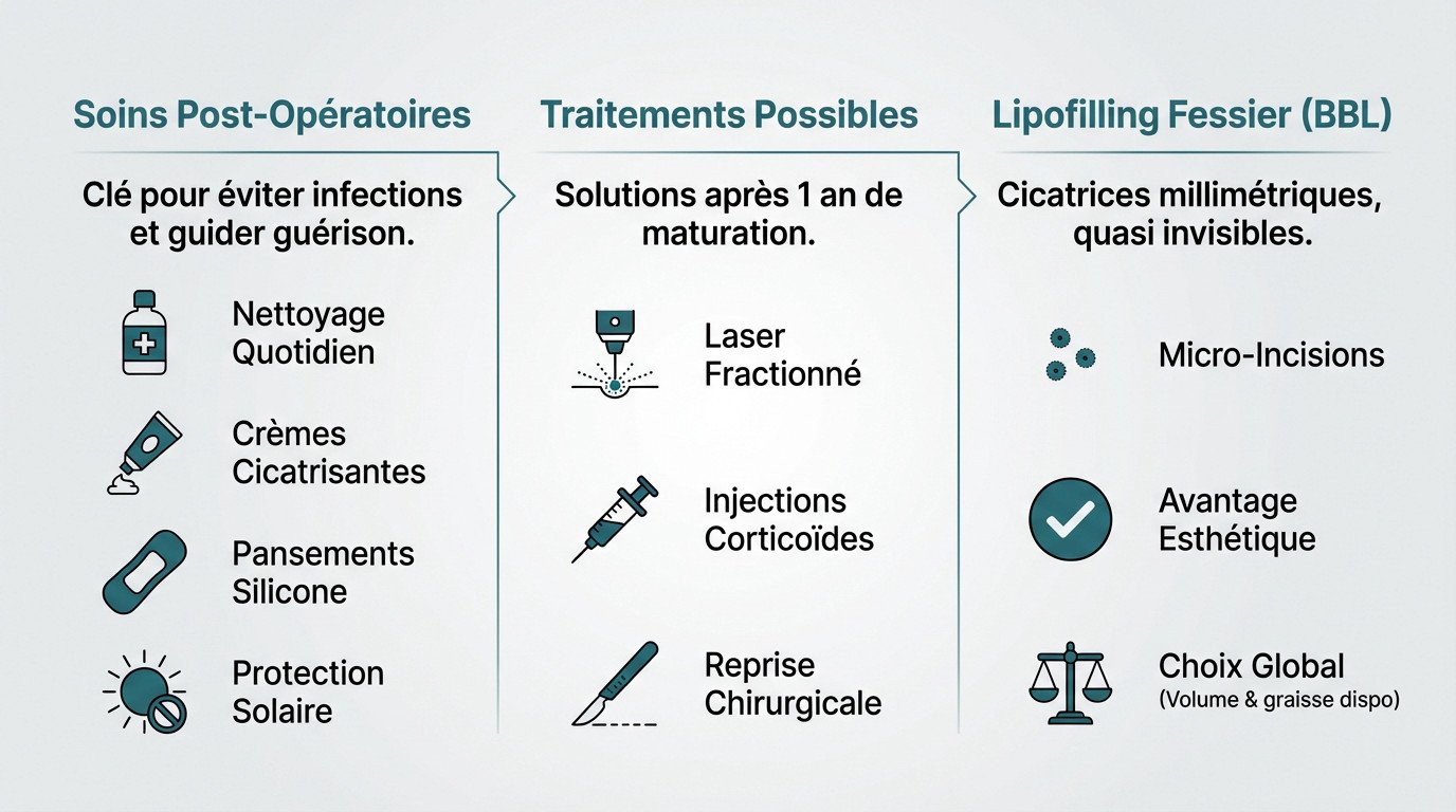 Soins post-opératoires sur une cicatrice après chirurgie implant fessier