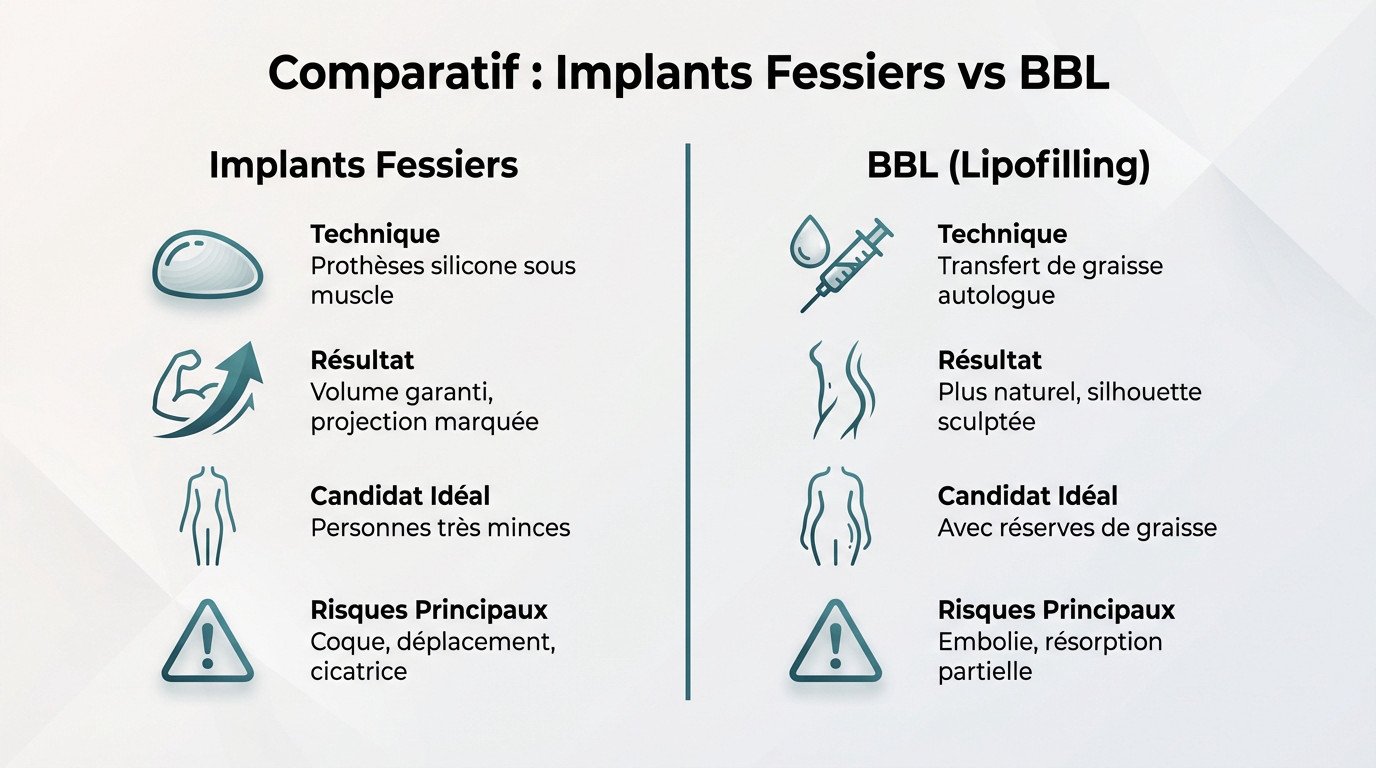 Schéma comparatif illustrant la différence entre implants fessiers en silicone et lipofilling BBL
