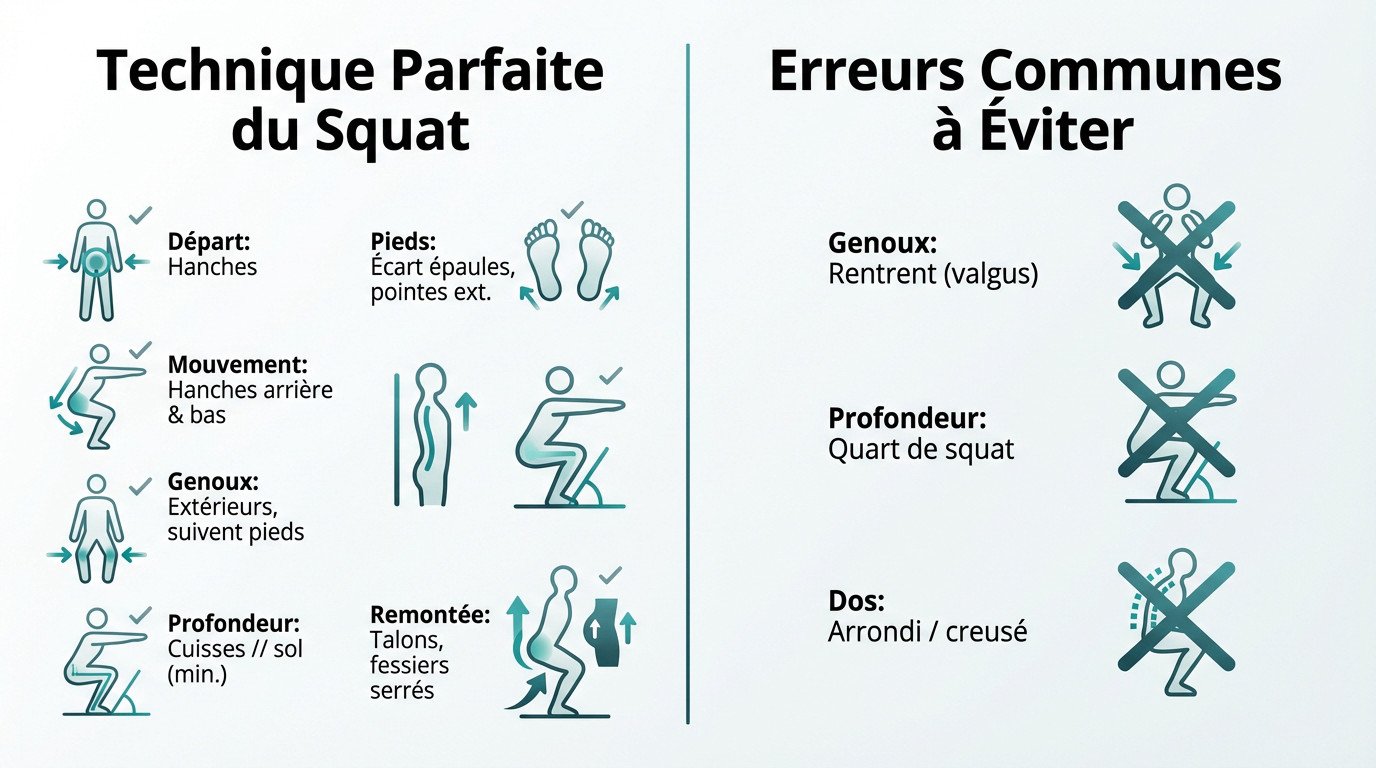 Schéma technique squat fessier et erreurs à éviter