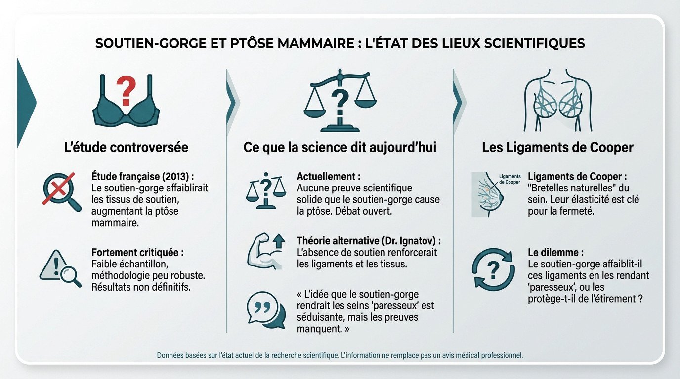 Schéma explicatif montrant l'anatomie du sein et l'impact potentiel du soutien-gorge sur les ligaments de Cooper