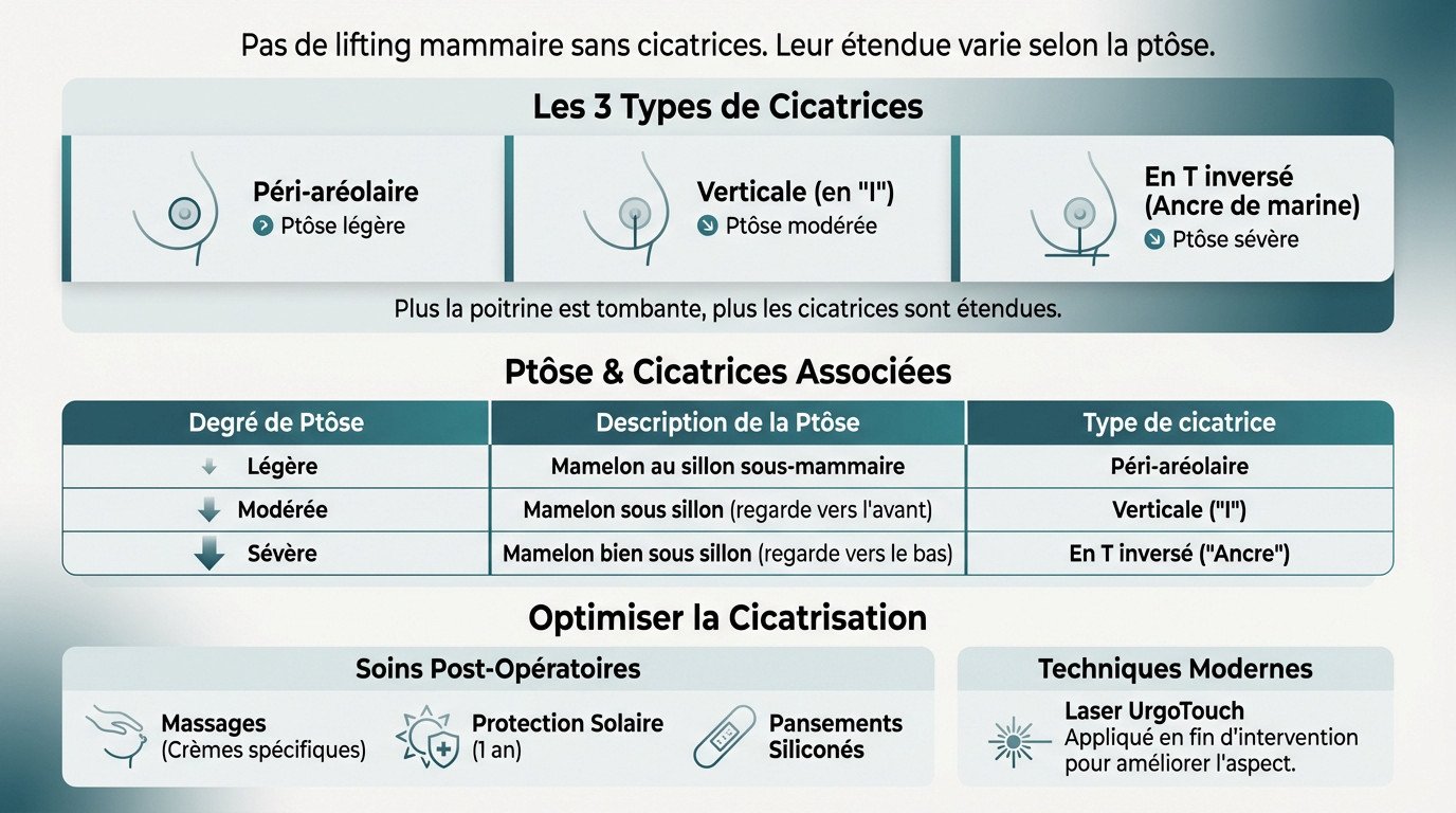 Schéma illustrant les types de cicatrices d'un lifting mammaire : péri-aréolaire, verticale et en T inversé