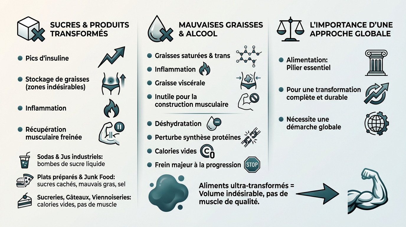 Schéma illustrant les freins alimentaires à la prise de masse fessier et l'importance d'une approche globale