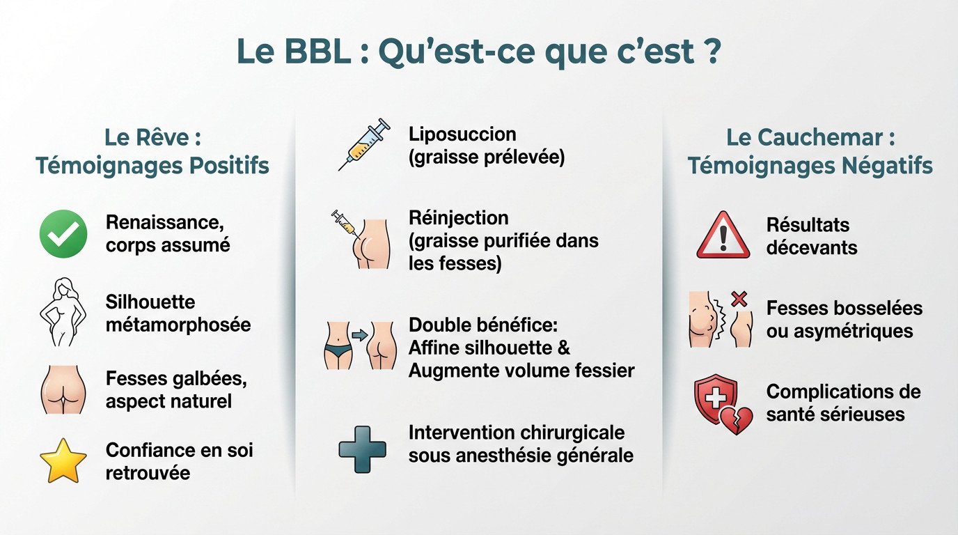 Illustration des avis divergents sur le Brazilian Butt Lift, entre satisfaction et complications
