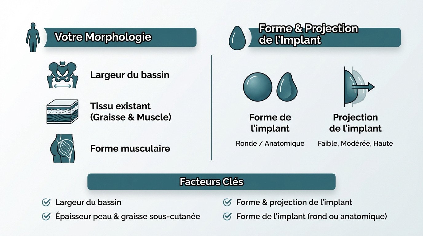 Infographie détaillant les facteurs influençant le résultat esthétique des implants fessiers : morphologie, graisse et projection