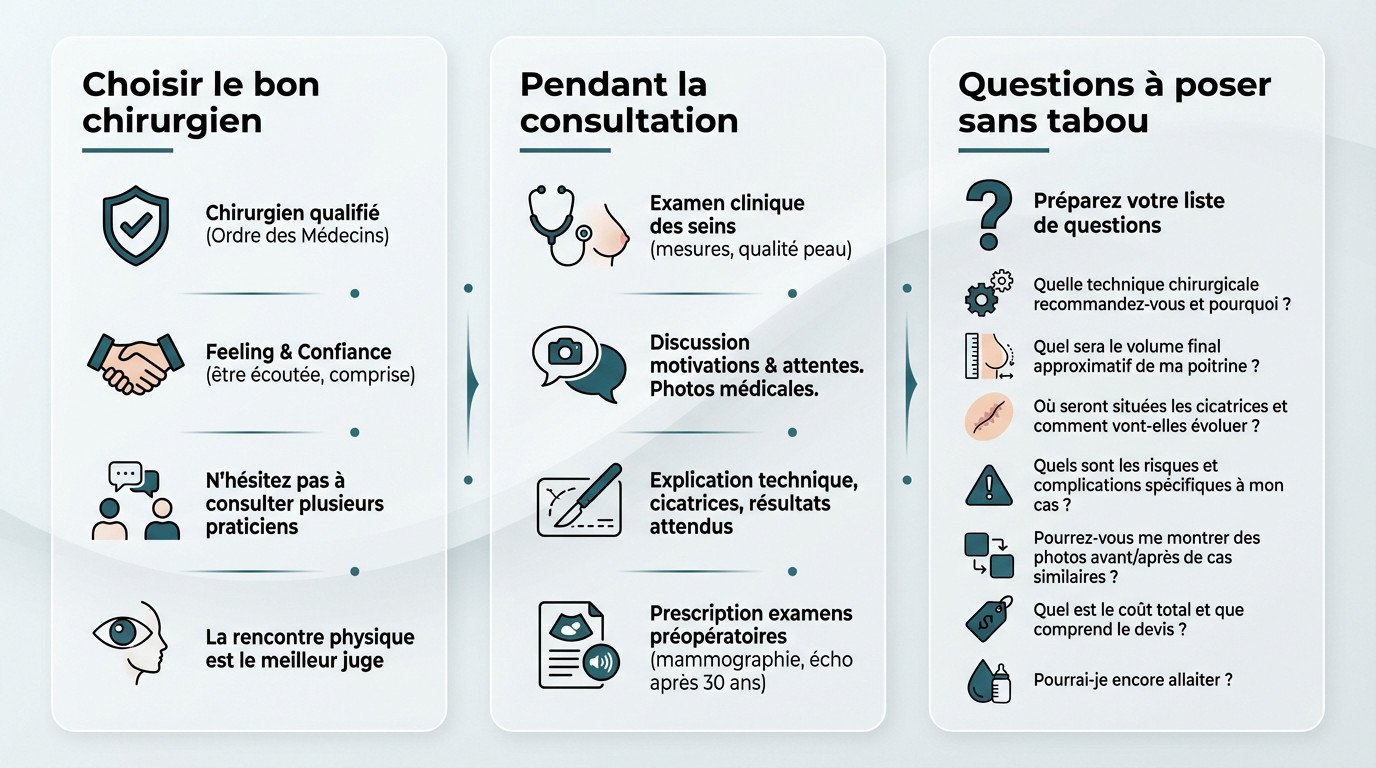 Consultation préopératoire avec un chirurgien pour définir le projet de réduction mammaire