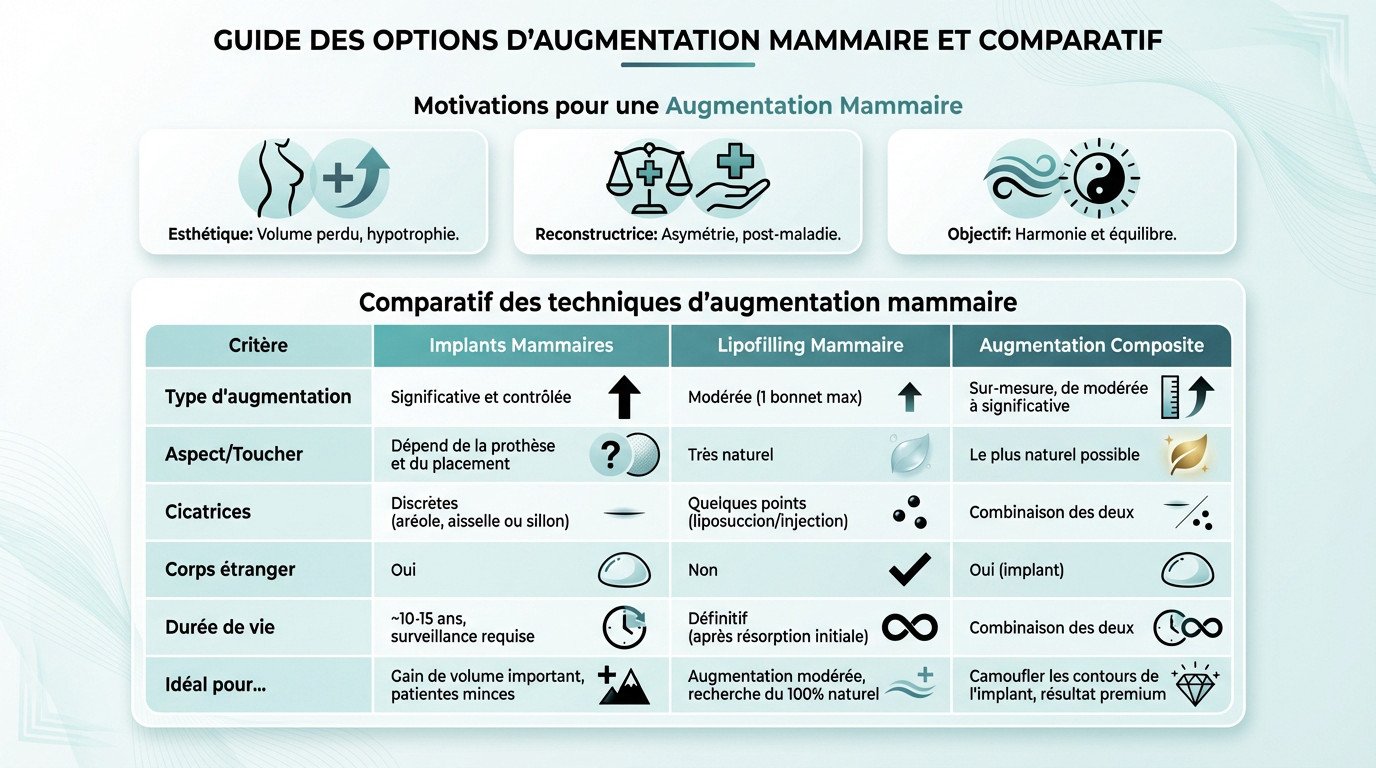 Comparatif visuel des options d'augmentation mammaire : implants, lipofilling et technique composite