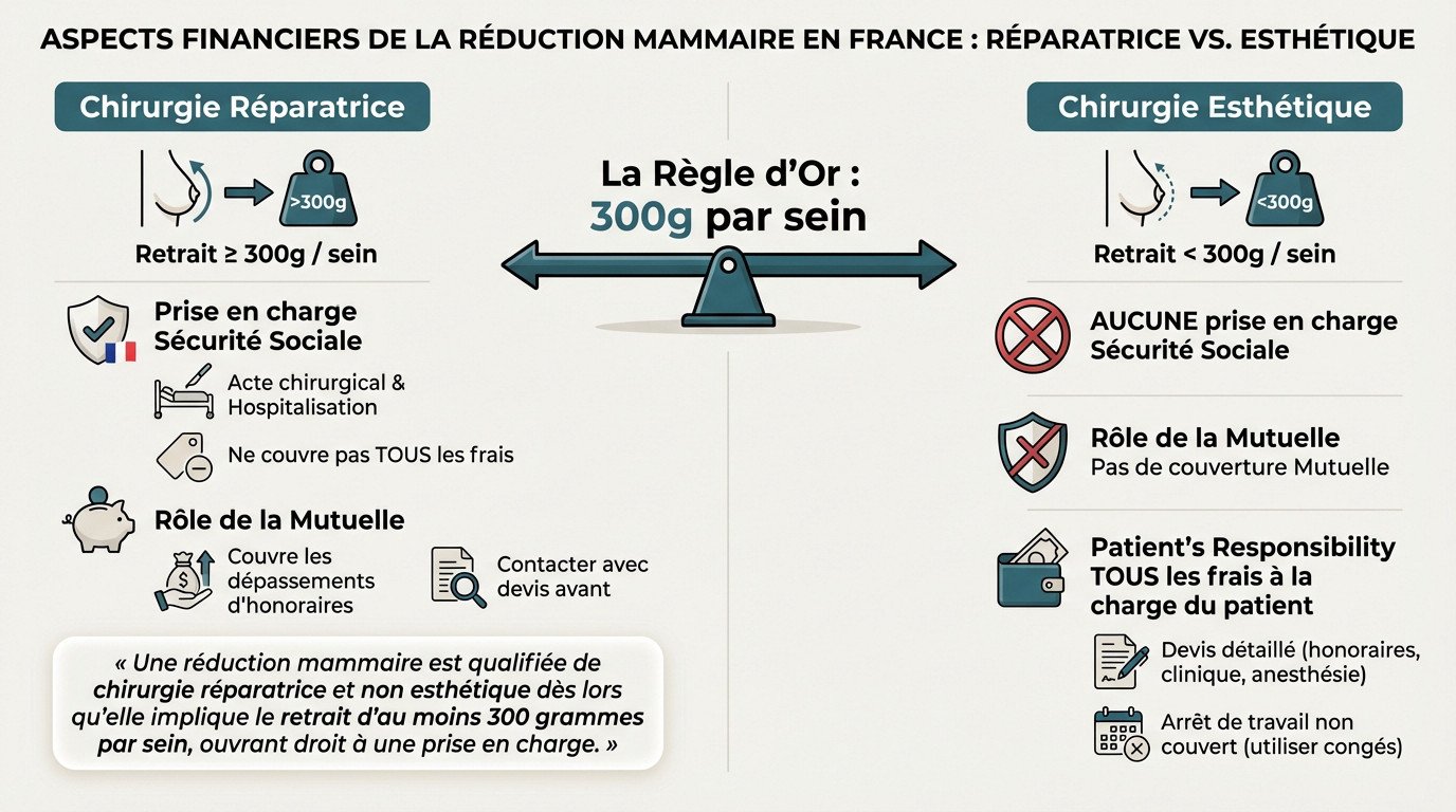Schéma explicatif des coûts d'une réduction mammaire : différence entre chirurgie réparatrice remboursée et chirurgie esthétique non prise en charge