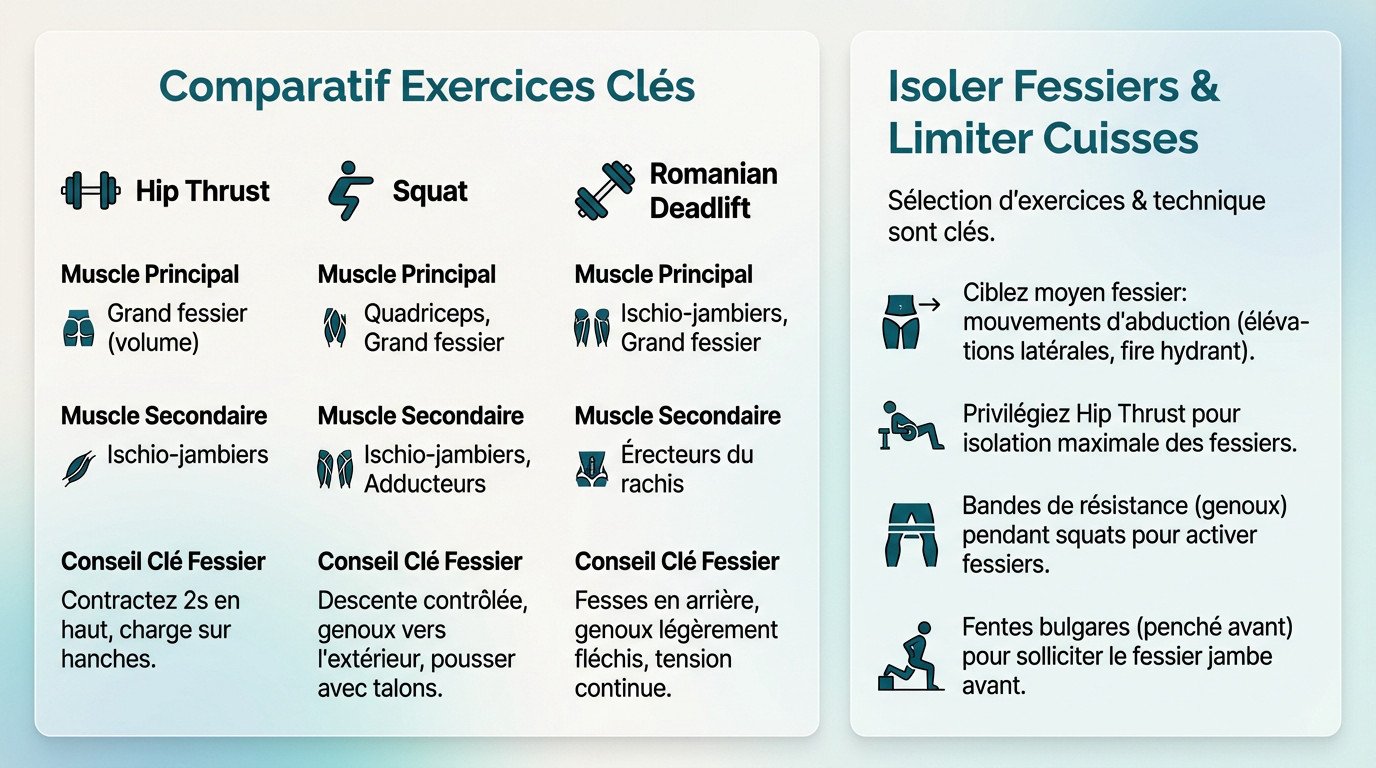 Infographie illustrant les exercices d'isolation pour le volume des fessiers