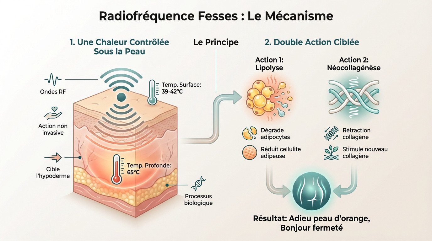 Schéma du mécanisme de la radiofréquence agissant sur les cellules graisseuses et le collagène des fesses