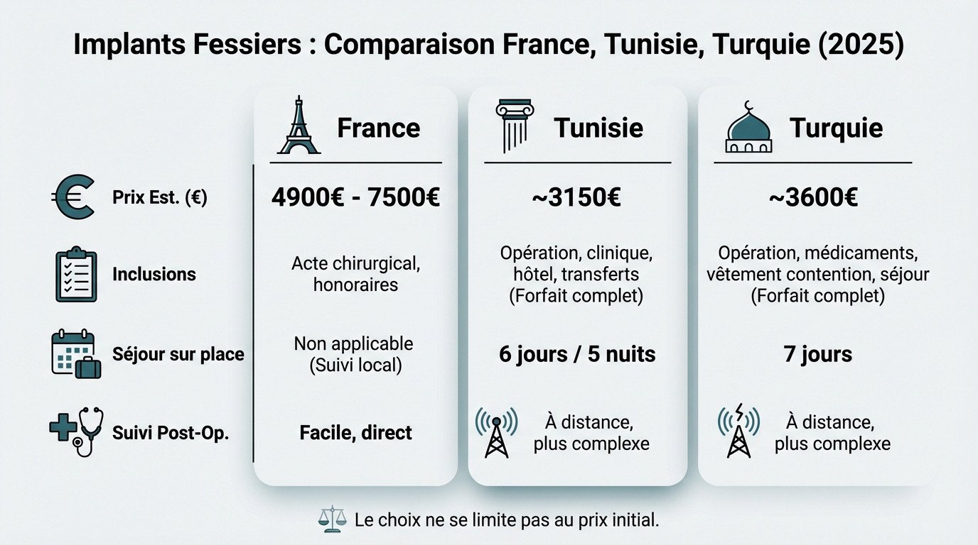Comparatif des coûts implants fessiers France Tunisie Turquie 2025