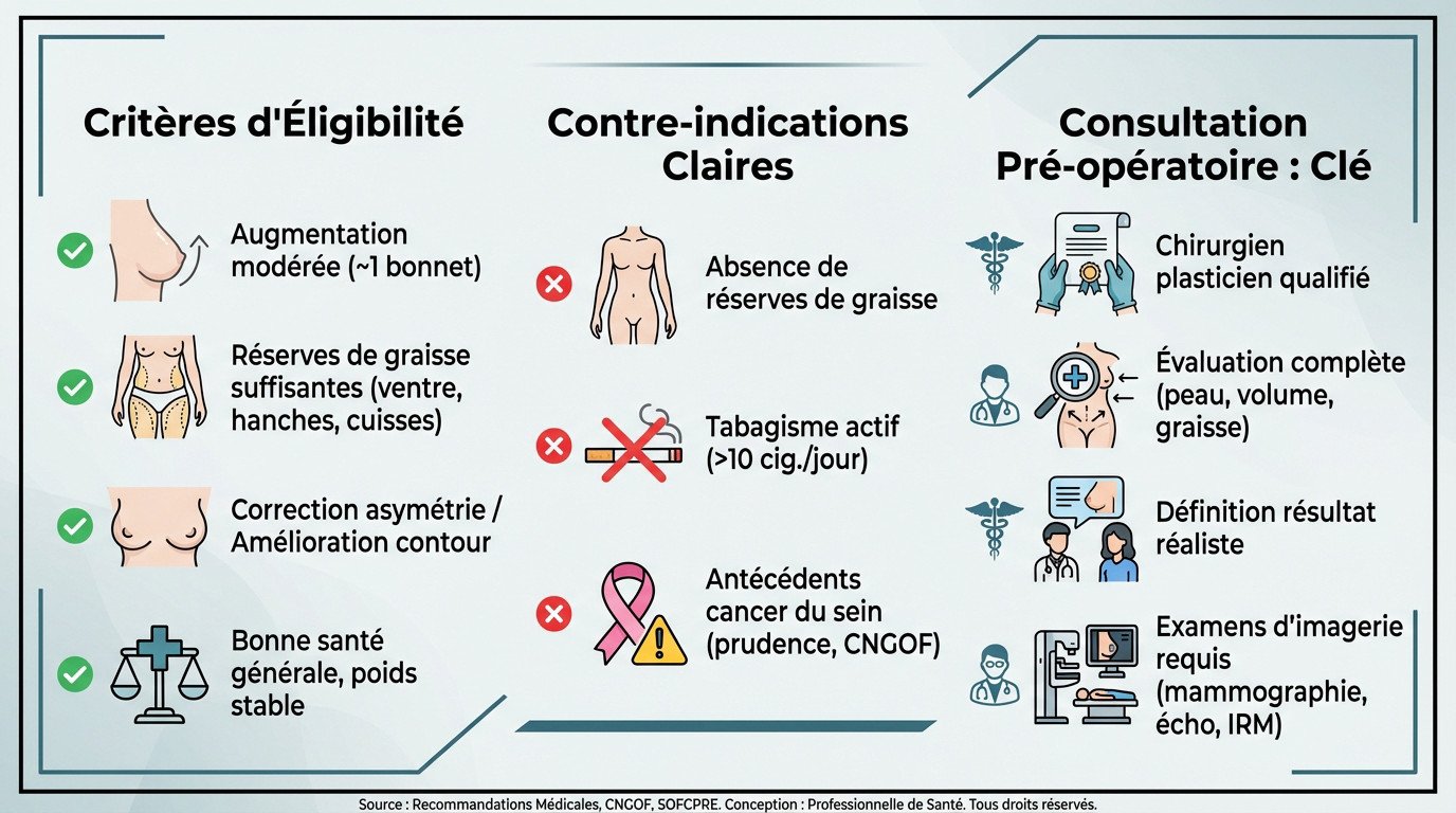 Schéma explicatif des zones de prélèvement et d'injection pour un lipofilling mammaire réussi