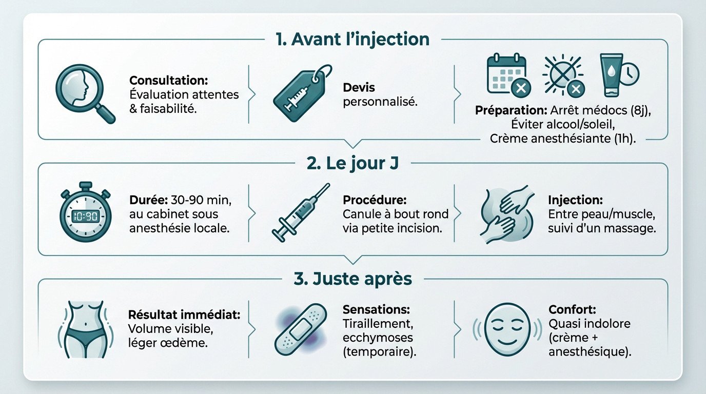 Infographie détaillant les étapes du parcours d'injection esthétique pour les fesses
