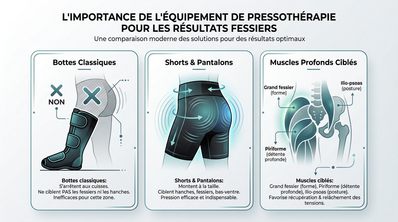 Femme utilisant un short de pressothérapie pour cibler les fessiers et améliorer la circulation
