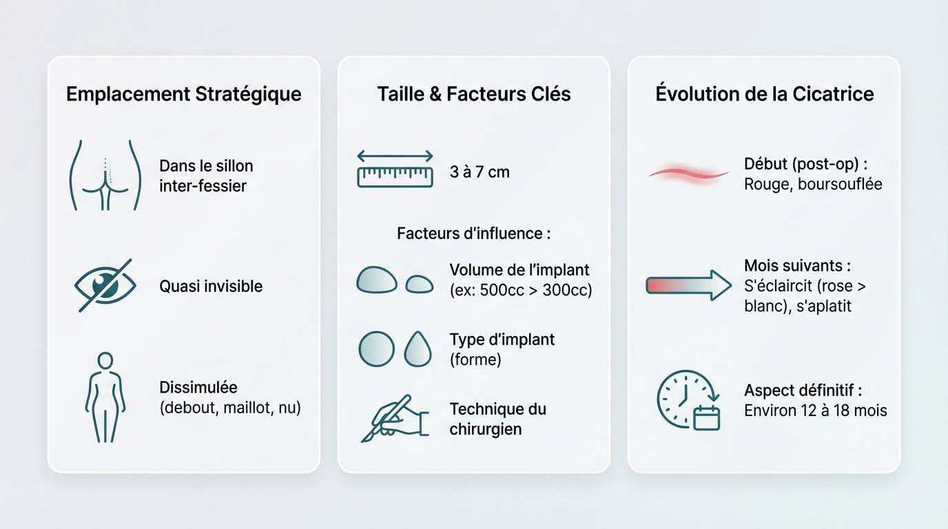 Schéma montrant l'emplacement de la cicatrice d'implant fessier dans le sillon inter-fessier