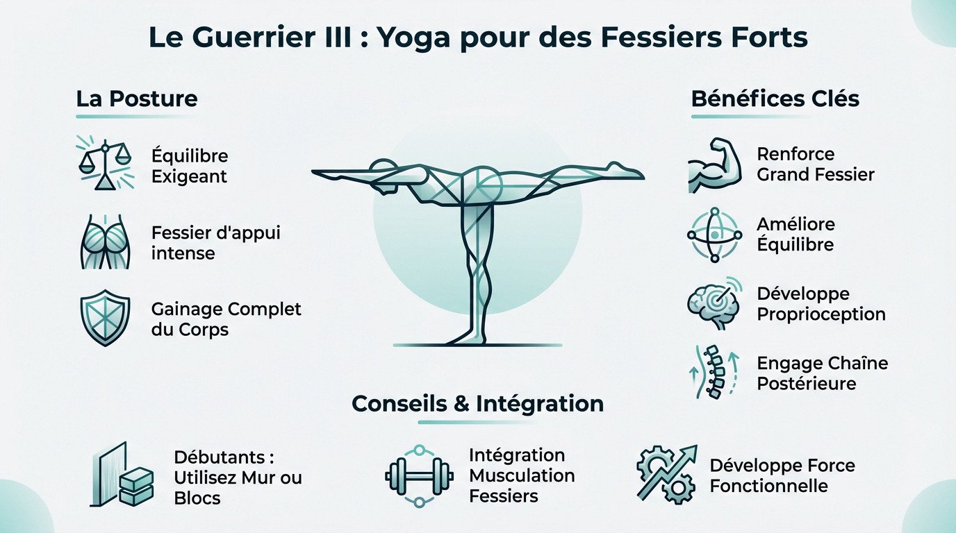 Femme exécutant la posture du Guerrier III pour le renforcement des fessiers