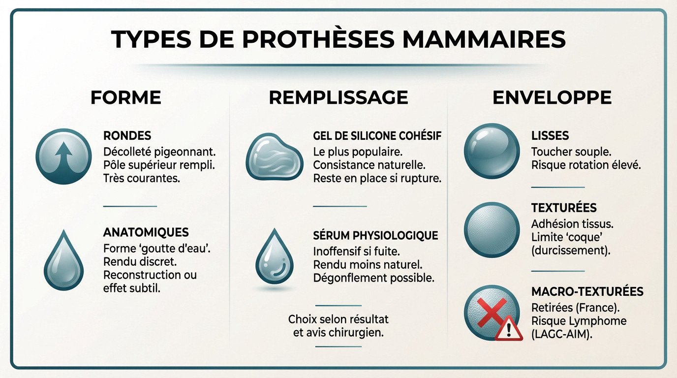 Schéma comparatif des formes et textures de prothèses mammaires
